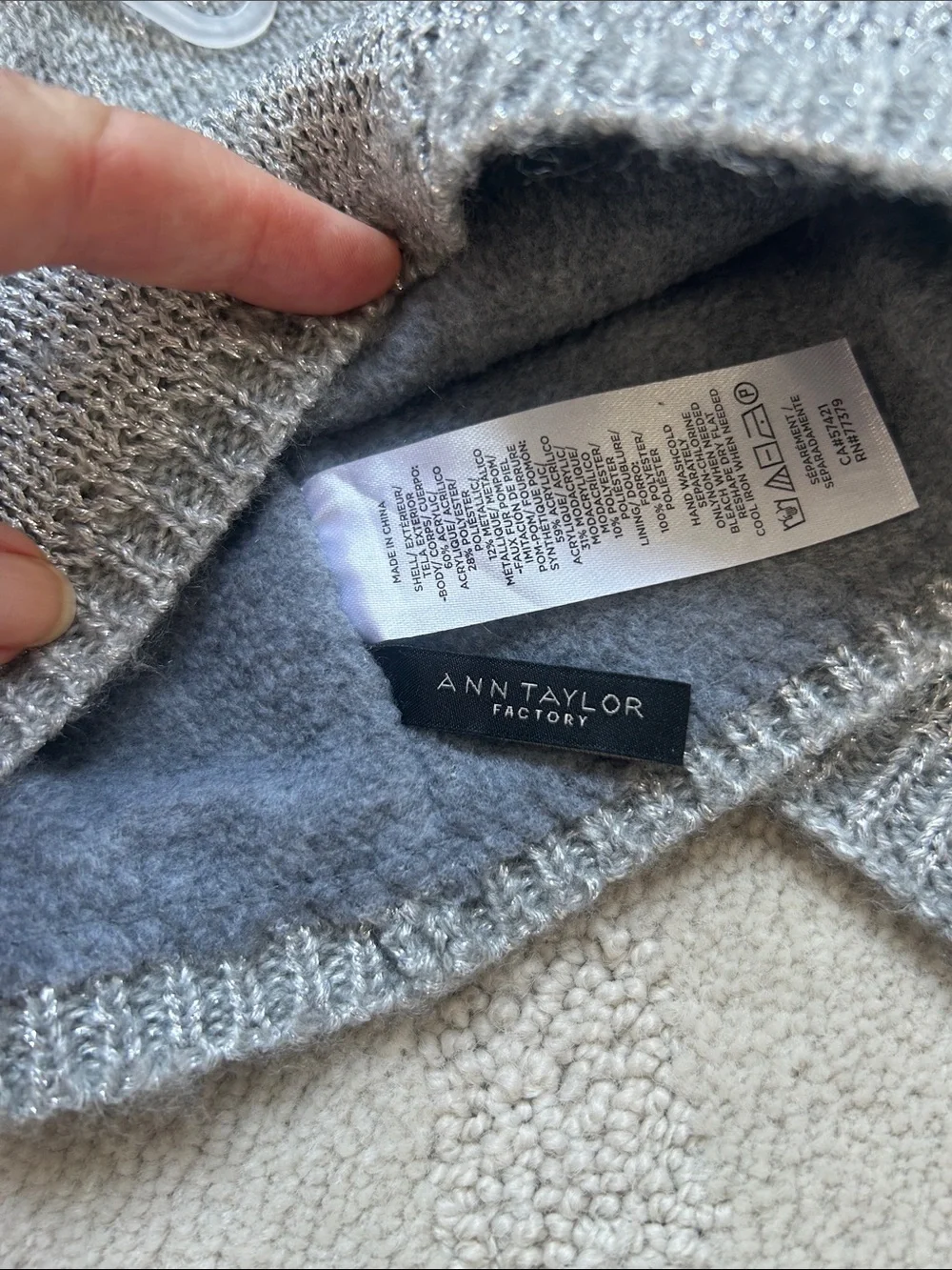 Ann Taylor Factory Silver Gray Knit Scarf and Hat with Pom